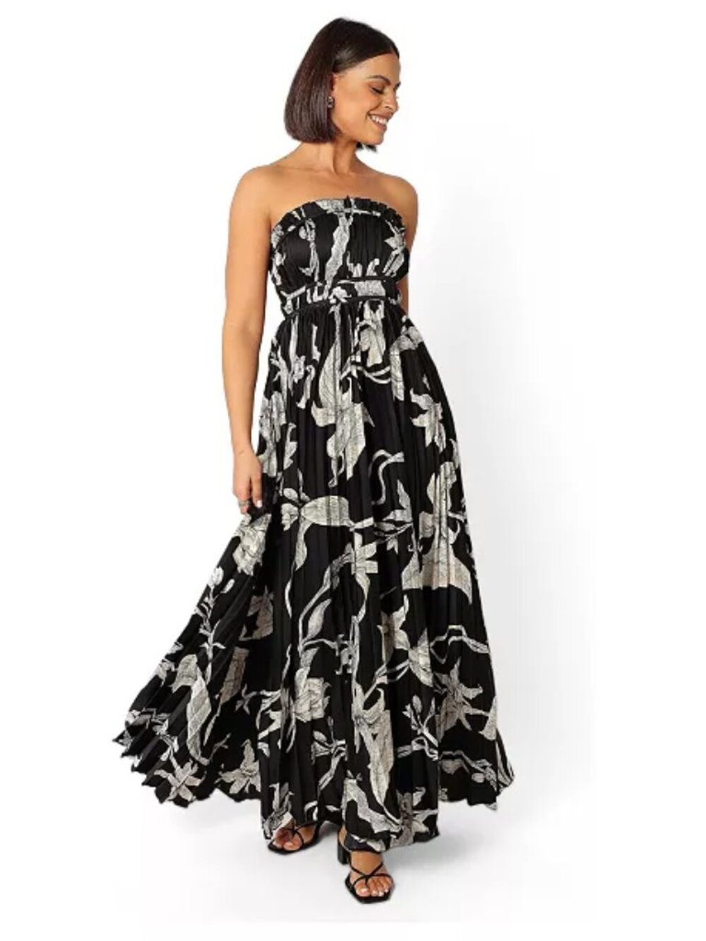 Petal & Pup | Angelique Black & White Floral Pleated Strapless Maxi Dress L NWOT
